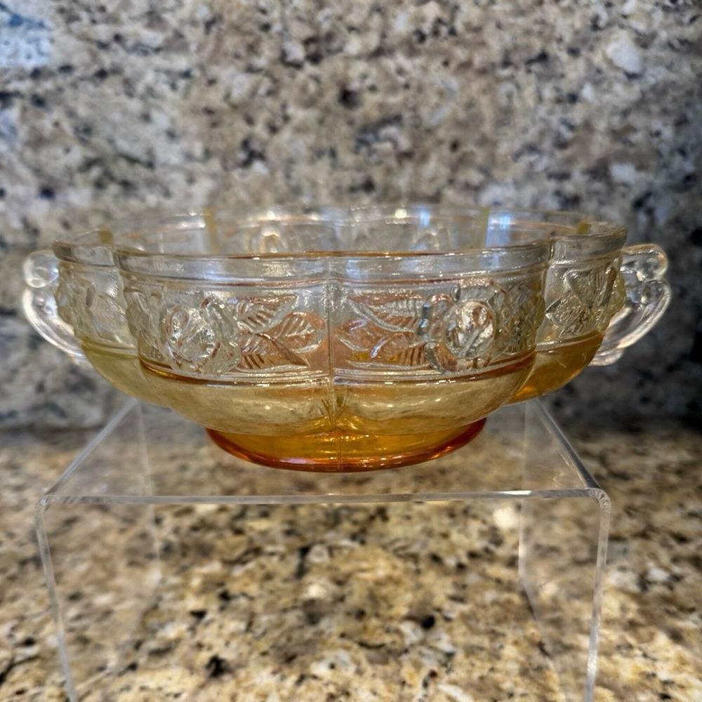 Jeanette Aztec Rose Dish Vintage Bowl Double Handle Citrine Yellow Vintage Glass